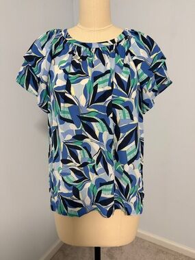 LOFT Blue and Green Leaf-Print Short Sleeve Blouse SZM